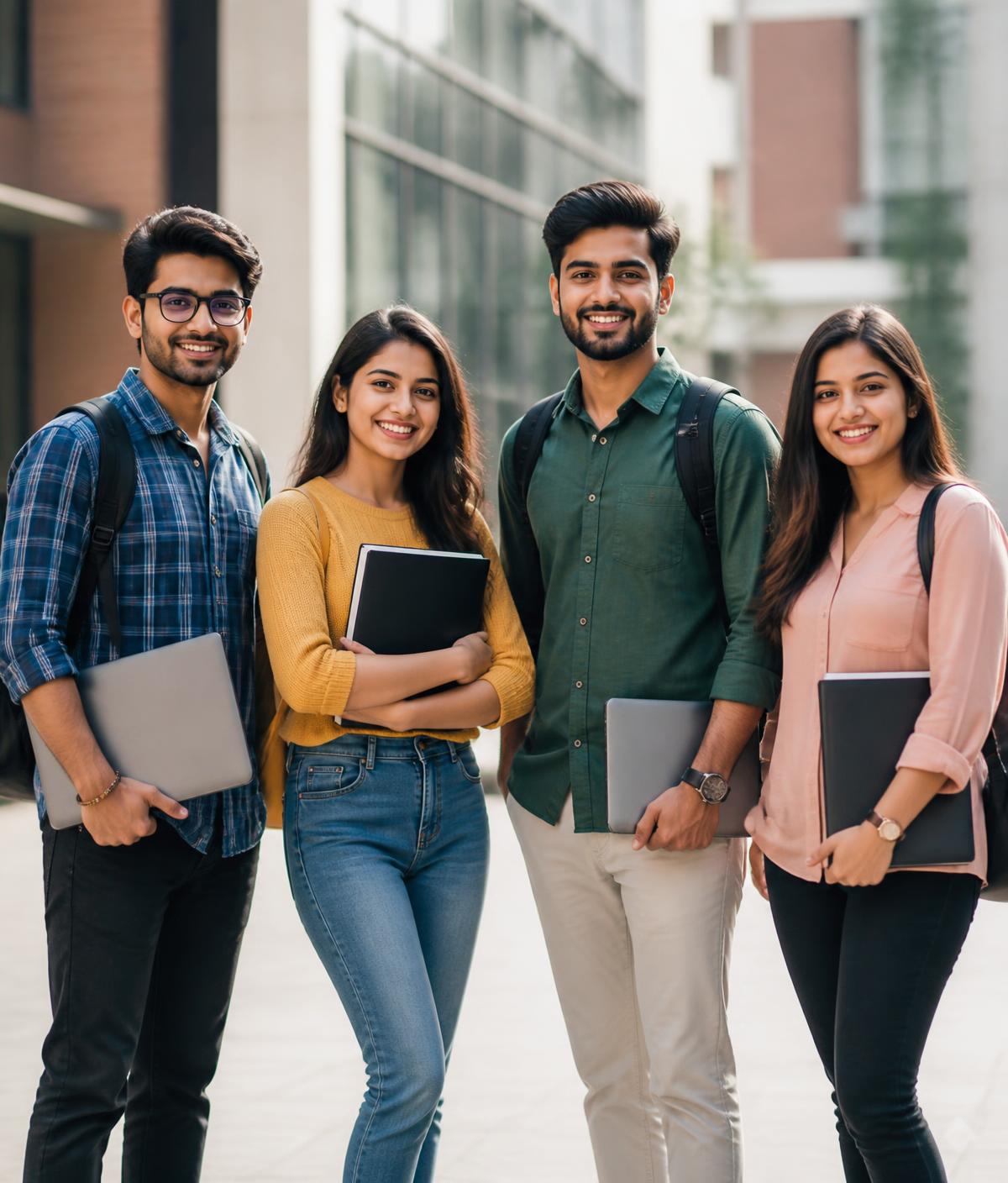 Young Indian students and professionals on a modern campus