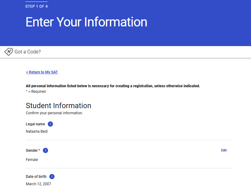 SAT Exam Registration Step 2 Fill Your Personal Information